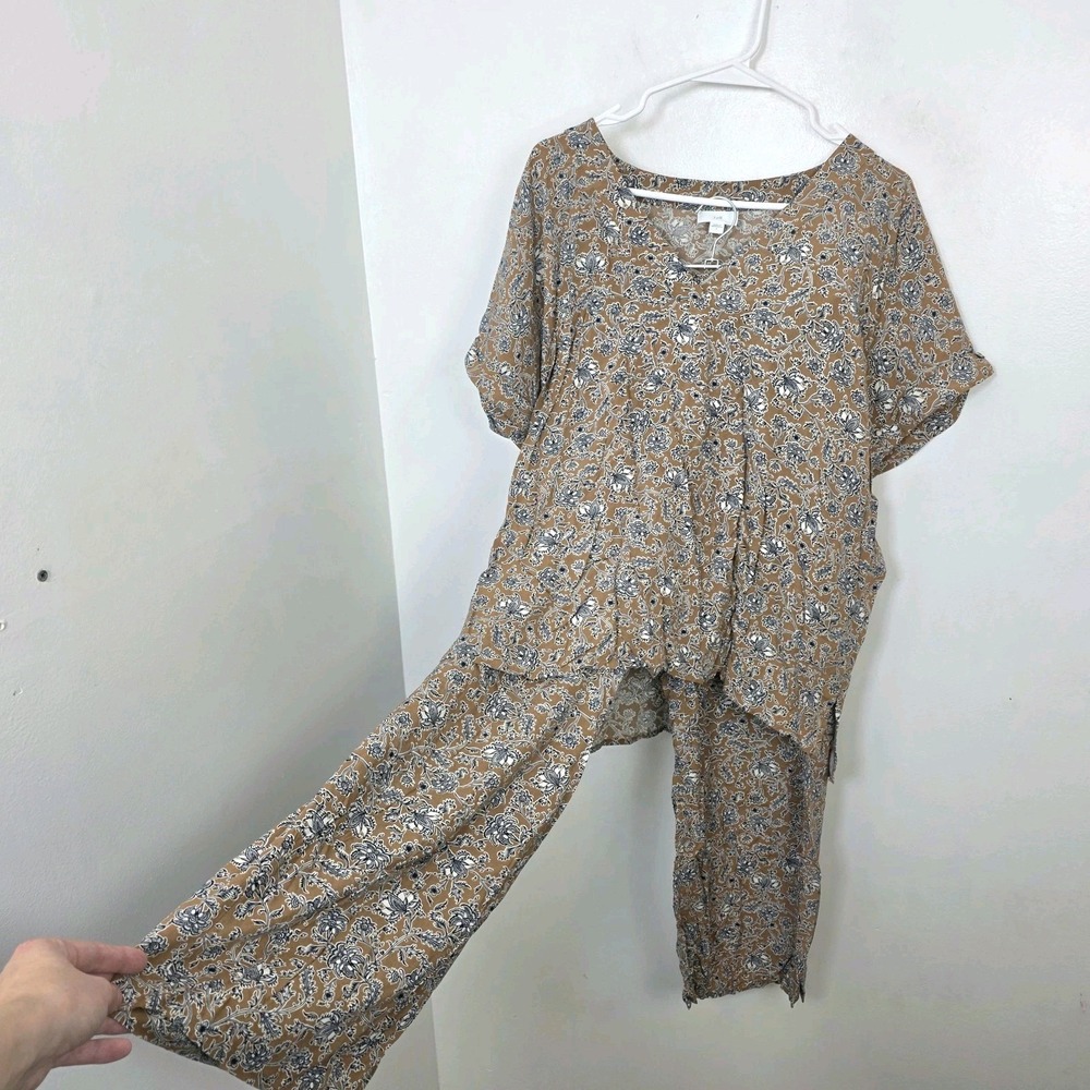 J. Jill Brown Black Floral Boho Lounge Pull On Pants & Top Set Outfit Size L